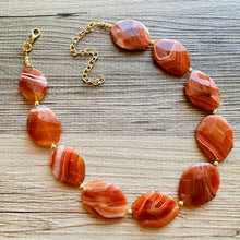 Load image into Gallery viewer, Natural carnelian Beaded 1 strand Statement Necklace, Chunky Bib Single Jewelry Light orange stone jewelry, gemstone layering red cream gold