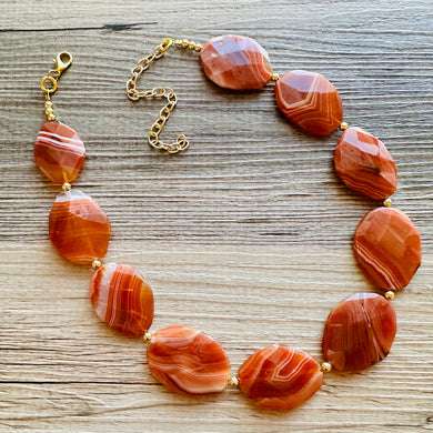 Natural carnelian Beaded 1 strand Statement Necklace, Chunky Bib Single Jewelry Light orange stone jewelry, gemstone layering red cream gold