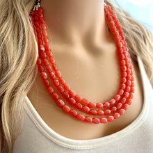 Load image into Gallery viewer, Chunky Multi Strand Grapefruit Statement Necklace, pink coral orange beaded jewelry, jelly necklace, coral jewelry, peach bridesmaid, dressy