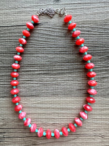 Coral & Mint single Strand statement necklace, beaded chunky jewelry, Coral Orange Bib Jewelry Set, jewelry peach pink single strand