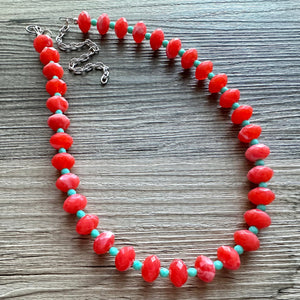 Coral & Mint single Strand statement necklace, beaded chunky jewelry, Coral Orange Bib Jewelry Set, jewelry peach pink single strand