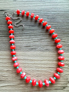 Coral & Mint single Strand statement necklace, beaded chunky jewelry, Coral Orange Bib Jewelry Set, jewelry peach pink single strand