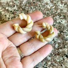 Load image into Gallery viewer, Caramel Statement Drops, resin Rainbow Geometric Drop Hoop earrings set fall jewelry twisted acrylic hoops bridesmaid brown swirl cream