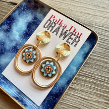 Load image into Gallery viewer, Mosaic Drop earrings, gold earrings, rainbow colorful geometric earrings pierced dangle drop Statement, Mosaic pink fashion gems