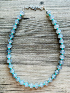 Gray & Green Shimmer Single Strand Beaded Statement Necklace, mint beaded necklace, purple bridesmaid jewelry layering glitter silver resin