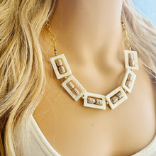 Load image into Gallery viewer, Creamy Statement Necklace, single strand Geometric Beaded Jewelry, off white bib necklace, shell necklace, eggshell gold chain champagne