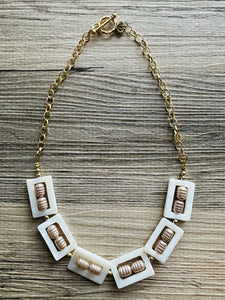 Creamy Statement Necklace, single strand Geometric Beaded Jewelry, off white bib necklace, shell necklace, eggshell gold chain champagne