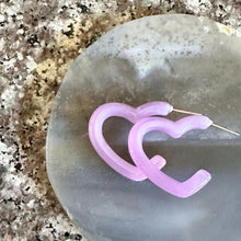 Load image into Gallery viewer, Lavender Creamy Rainbow Geometric Open Heart Hoop earrings set, pastel jewelry, acrylic purple bridesmaid statement resin Valentine fall