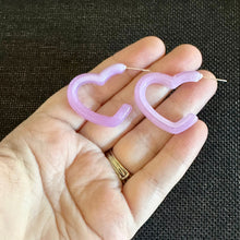 Load image into Gallery viewer, Lavender Creamy Rainbow Geometric Open Heart Hoop earrings set, pastel jewelry, acrylic purple bridesmaid statement resin Valentine fall