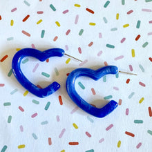 Load image into Gallery viewer, Royal Blue Aqua Rainbow Geometric Open Heart Hoop earrings set, pastel jewelry, acrylic hoops bridesmaid statement resin acrylic