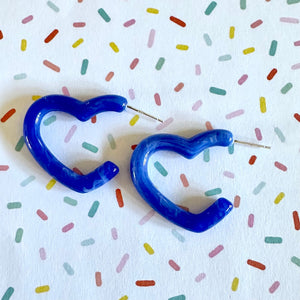 Royal Blue Aqua Rainbow Geometric Open Heart Hoop earrings set, pastel jewelry, acrylic hoops bridesmaid statement resin acrylic