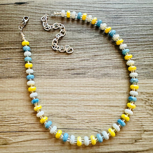 Yellow & Blue Porcelain Block Layering Rainbow Beaded 1 Strand Necklace, Colorful Jewelry, Chunky statement necklace, confetti bubble