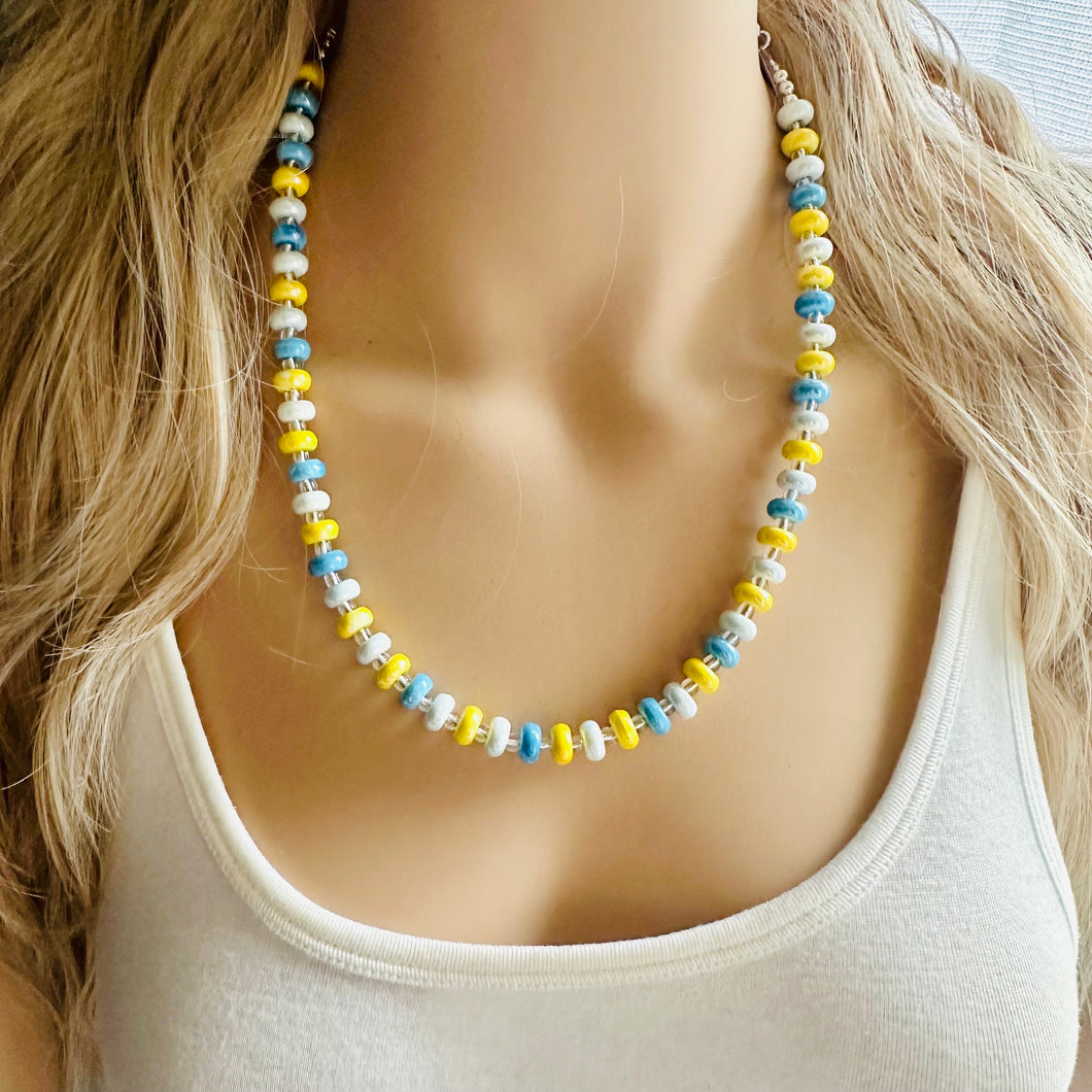 Yellow & Blue Porcelain Block Layering Rainbow Beaded 1 Strand Necklace, Colorful Jewelry, Chunky statement necklace, confetti bubble