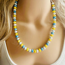 Load image into Gallery viewer, Yellow &amp; Blue Porcelain Block Layering Rainbow Beaded 1 Strand Necklace, Colorful Jewelry, Chunky statement necklace, confetti bubble