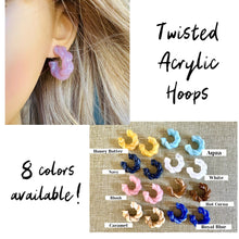 Load image into Gallery viewer, Aqua Blue Statement Drops, resin Rainbow Geometric Drop Hoop earrings set, pastel jewelry, twisted acrylic hoops bridesmaid