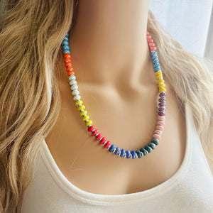 Rainbow Porcelain Block Layering red blue Beaded 1 Strand Necklace, Colorful Jewelry, Chunky statement necklace, jelly bean confetti bubble