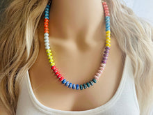 Load image into Gallery viewer, Rainbow Porcelain Block Layering red blue Beaded 1 Strand Necklace, Colorful Jewelry, Chunky statement necklace, jelly bean confetti bubble