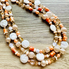 Load image into Gallery viewer, Victorian Coral Pearl Statement Necklace, chunky beaded jewelry, chunky tan champagne necklace, block beaded necklace, lace white cream