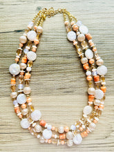 Load image into Gallery viewer, Victorian Coral Pearl Statement Necklace, chunky beaded jewelry, chunky tan champagne necklace, block beaded necklace, lace white cream