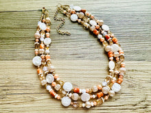 Load image into Gallery viewer, Victorian Coral Pearl Statement Necklace, chunky beaded jewelry, chunky tan champagne necklace, block beaded necklace, lace white cream