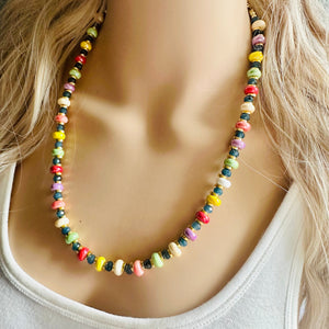 Rainbow Porcelain Block Layering Rainbow Beaded 1 Strand Necklace, Colorful Jewelry, Chunky statement jelly bean confetti silver bubble