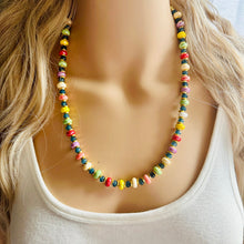 Load image into Gallery viewer, Rainbow Porcelain Block Layering Rainbow Beaded 1 Strand Necklace, Colorful Jewelry, Chunky statement jelly bean confetti silver bubble