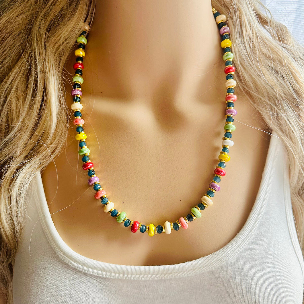 Rainbow Porcelain Block Layering Rainbow Beaded 1 Strand Necklace, Colorful Jewelry, Chunky statement jelly bean confetti silver bubble