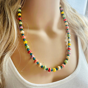 Rainbow Porcelain Block Layering Rainbow Beaded 1 Strand Necklace, Colorful Jewelry, Chunky statement jelly bean confetti silver bubble