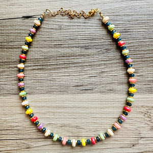 Rainbow Porcelain Block Layering Rainbow Beaded 1 Strand Necklace, Colorful Jewelry, Chunky statement jelly bean confetti silver bubble