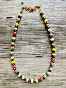 Rainbow Porcelain Block Layering Rainbow Beaded 1 Strand Necklace, Colorful Jewelry, Chunky statement jelly bean confetti silver bubble