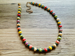 Rainbow Porcelain Block Layering Rainbow Beaded 1 Strand Necklace, Colorful Jewelry, Chunky statement jelly bean confetti silver bubble