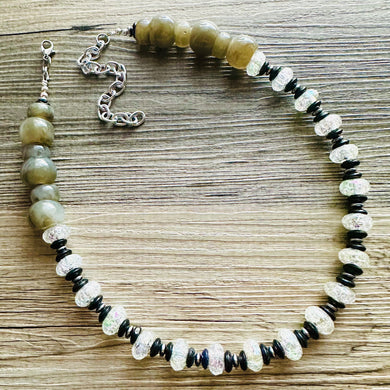 Black White Gray Chunky Long Statement Necklace single Strand Beaded jewelry, bridesmaid bib wedding, white bubble necklace resin