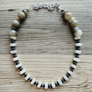 Black White Gray Chunky Long Statement Necklace single Strand Beaded jewelry, bridesmaid bib wedding, white bubble necklace resin