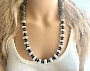 Black White Gray Chunky Long Statement Necklace single Strand Beaded jewelry, bridesmaid bib wedding, white bubble necklace resin