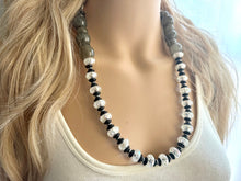 Load image into Gallery viewer, Black White Gray Chunky Long Statement Necklace single Strand Beaded jewelry, bridesmaid bib wedding, white bubble necklace resin