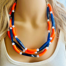 Load image into Gallery viewer, Orange &amp; Blue Smoothie Chunky Statement Necklace, Big beaded jewelry, 3 Strand Statement Necklace, Bib dark blue orange beaded