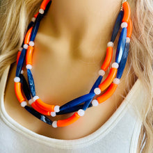 Load image into Gallery viewer, Orange &amp; Blue Smoothie Chunky Statement Necklace, Big beaded jewelry, 3 Strand Statement Necklace, Bib dark blue orange beaded