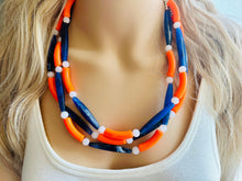 Load image into Gallery viewer, Orange &amp; Blue Smoothie Chunky Statement Necklace, Big beaded jewelry, 3 Strand Statement Necklace, Bib dark blue orange beaded