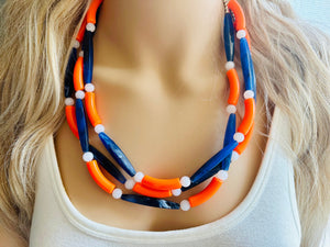 Orange & Blue Smoothie Chunky Statement Necklace, Big beaded jewelry, 3 Strand Statement Necklace, Bib dark blue orange beaded