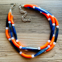 Load image into Gallery viewer, Orange &amp; Blue Smoothie Chunky Statement Necklace, Big beaded jewelry, 3 Strand Statement Necklace, Bib dark blue orange beaded