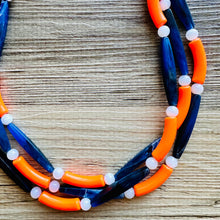 Load image into Gallery viewer, Orange &amp; Blue Smoothie Chunky Statement Necklace, Big beaded jewelry, 3 Strand Statement Necklace, Bib dark blue orange beaded