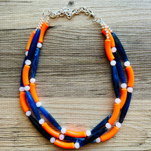 Load image into Gallery viewer, Orange &amp; Blue Smoothie Chunky Statement Necklace, Big beaded jewelry, 3 Strand Statement Necklace, Bib dark blue orange beaded