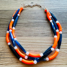 Load image into Gallery viewer, Orange &amp; Blue Smoothie Chunky Statement Necklace, Big beaded jewelry, 3 Strand Statement Necklace, Bib dark blue orange beaded