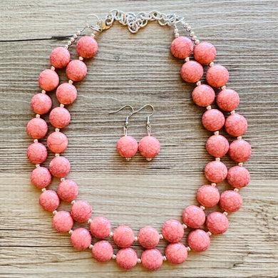 Coral Crackle Statement Necklace, big Beaded Chunky Jewelry, Double Strand wedding everyday dress necklace, pink jewelry silver black peach