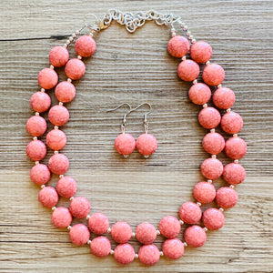 Coral Crackle Statement Necklace, big Beaded Chunky Jewelry, Double Strand wedding everyday dress necklace, pink jewelry silver black peach