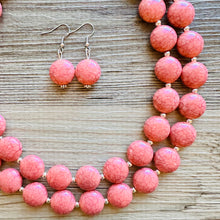 Load image into Gallery viewer, Coral Crackle Statement Necklace, big Beaded Chunky Jewelry, Double Strand wedding everyday dress necklace, pink jewelry silver black peach
