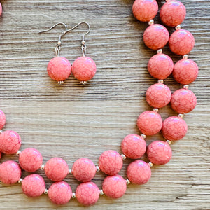 Coral Crackle Statement Necklace, big Beaded Chunky Jewelry, Double Strand wedding everyday dress necklace, pink jewelry silver black peach