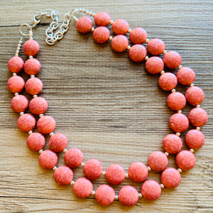 Coral Crackle Statement Necklace, big Beaded Chunky Jewelry, Double Strand wedding everyday dress necklace, pink jewelry silver black peach
