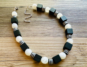 Black & White Chunky Statement Necklace single Strand Beaded jewelry, bridesmaid bib wedding, white bubble necklace resin