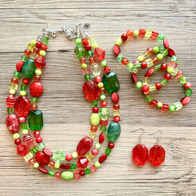 Christmas Chunky Statement Necklace & Stretch Bracelet set, Triple Strand Beaded jewelry, green red holiday bridesmaid lime earrings silver